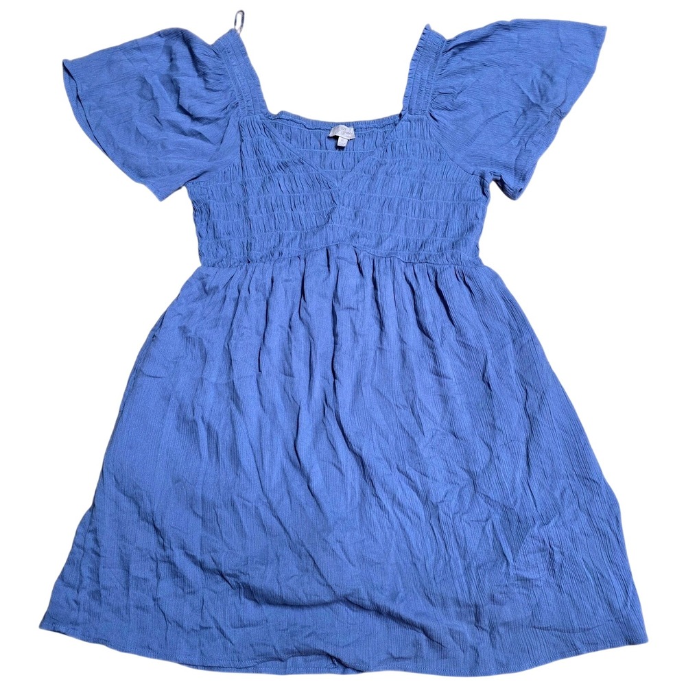 Indulge Style Square Neck Smocked Mini Dress Women's Size XL Blue Flutter Sleeve